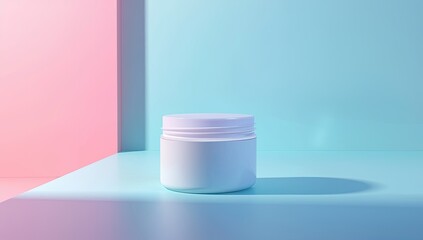 A white jar sits on a pastel blue surface against a pink and blue background, casting a subtle shadow