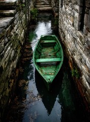 A dark, narrow waterway with a green rowboat