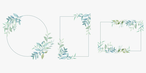 Watercolor green leaves frame collection