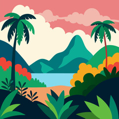 Traditional jungle and plants in the front and islands and sea vector natural landscape background.
