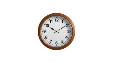 Brown wooden wall clock with white face on PNG and transparent background for template, design.