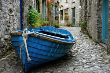 Cobbled alleyway with a blue boat
