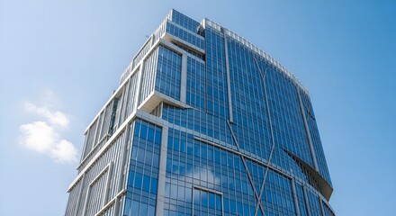 ​A low-angle shot of a modern, glass-and-steel office skyscraper against a bright blue sky with wispy clouds