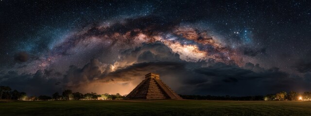 Ancient pyramid under a dramatic night sky