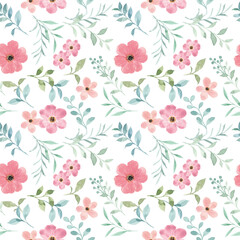 Watercolor pink green floral seamless pattern