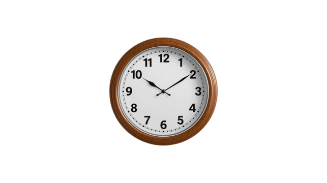 Brown wooden wall clock with white face on PNG and transparent background for template, design.