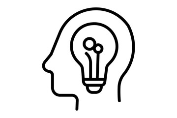 This image shows a minimalist line art illustration of a human head profile with a light bulb inside it.