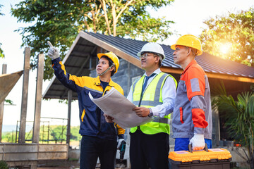 Construction Team Discussion: A focused construction team, including an engineer with blueprint and foreman, discuss plans at a project site under a radiant sky.