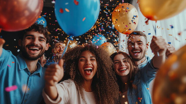 group of diverse coworkers celebrating New Year in office with balloons and confetti, joyful mood