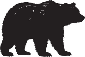 A stark black silhouette of a large brown bear standing profile against a white background