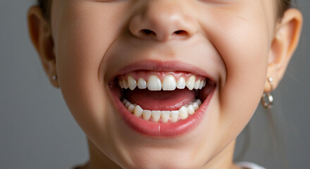 Radiant smile of a child showing healthy teeth, perfect for dental care ads, showcasing joy and oral hygiene promotion to parents and families