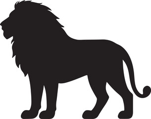 Majestic black silhouette of a powerful male lion standing regally with a full mane and tail