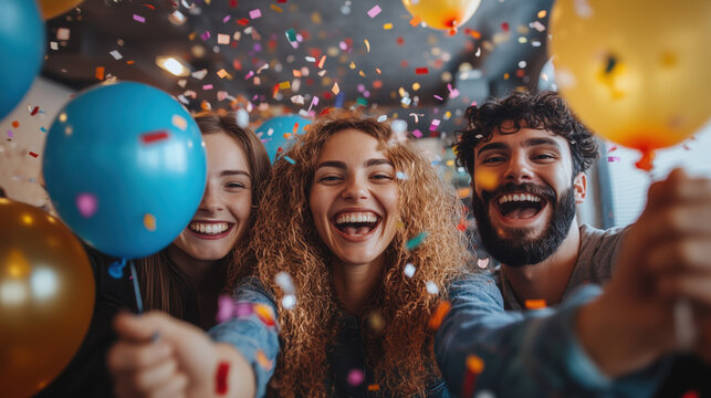 group of diverse coworkers celebrating New Year in office with balloons and confetti, joyful mood