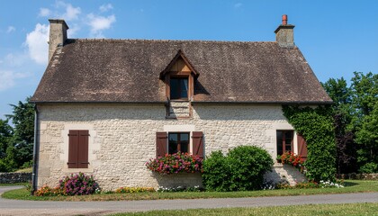Fototapeta premium Charming French Countryside House with Stone Walls and Wooden Windows