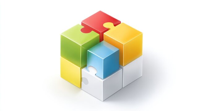 Colorful, isometric cube composed of interlocking puzzle pieces. 3D rendering. Abstract teamwork symbol