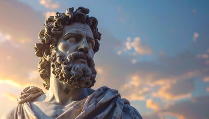 Close-up of a weathered, ancient statue head, golden light