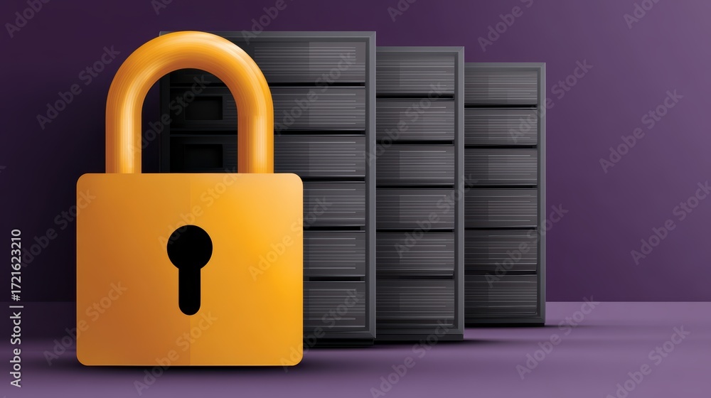 Poster robust data center security, padlock protecting server stack symbolizing digital information protect