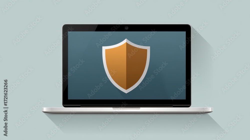 Poster cybersecurity shield protecting laptop data, safeguarding digital information and privacy in the mod