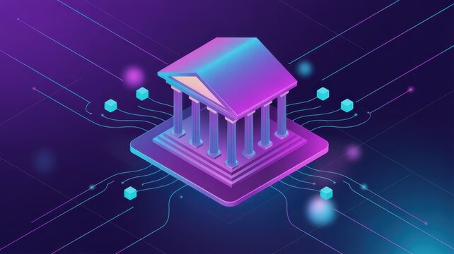 Digital Financial Institution: A stylized, futuristic illustration showcasing a digital representation of a classical building with integrated technological elements.
