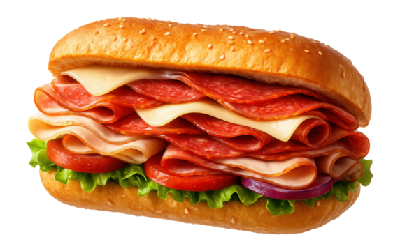 Submarine sandwich with assorted meats and cheese.
