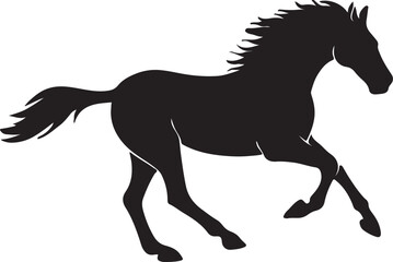 Dynamic silhouette of a powerful horse galloping freely across a white background