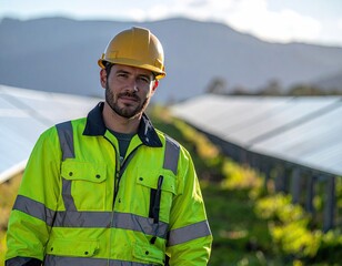 Worker in safety gear at a solar farm.