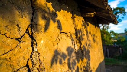 Close-up of a weathered mud wall with sun shadows