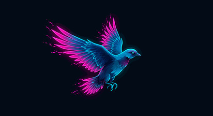 Fototapeta premium Stylized Blue Bird with Pink and Blue Neon Wings Flying.