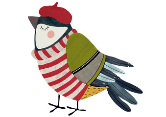 Titmouse  in striped sweater and a red beret .Cartoon style isolated hand drawn illustration on png background.Bright decorative design for seamless patterns, textiles, kids prints, Christmas, packing