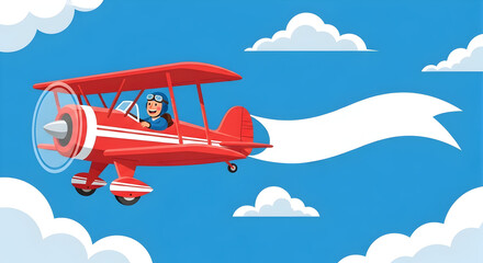 Red Biplane Flying with Pilot and Banner in Blue Cloudy Sky
