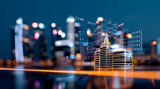 Stunning abstract cityscape with vibrant orange accents glowing against dark blue, symbolizing innovation, technology, and a bright urban future