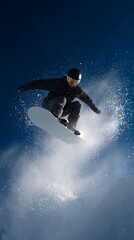 Snowboarder jumping through air with blue sky.
