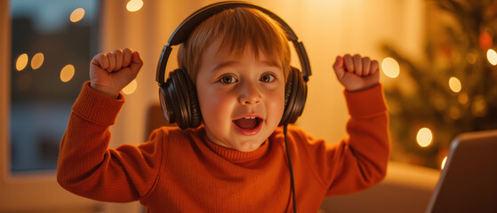 Excited child wearing headphones, celebrating joyfully in cozy, warmly lit room with festive decorations