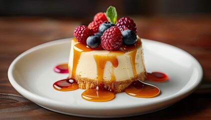 A mini cheesecake sits on a white plate, drizzled with caramel sauce and topped with fresh raspberries and blueberries. The plate rests on a dark wooden surface