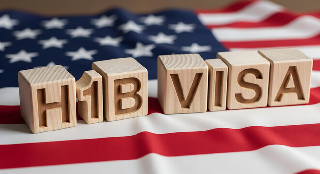 H1B Visa Wooden Blocks on American Flag