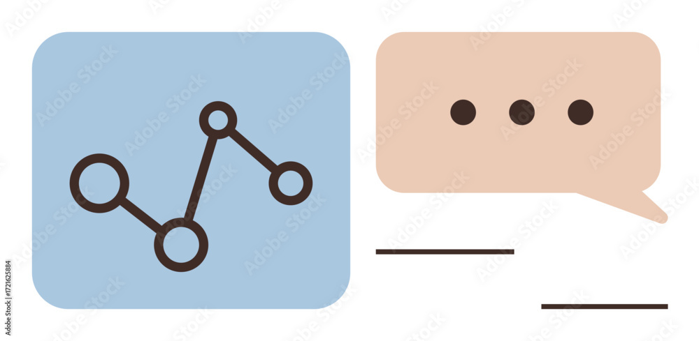Poster line chart in a blue square with a speech bubble containing dots. ideal for analytics, communication