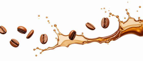 Rich coffee beans splash in wave of liquid, creating energetic and dynamic scene that captures essence of freshness and flavor