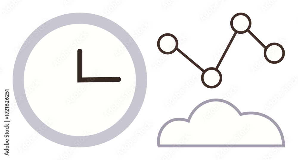 Poster clock, line graph with connected points, and cloud outline representing time, data tracking, and dig
