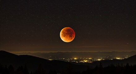 Stunning blood moon illuminates starry night sky over glowing city lights