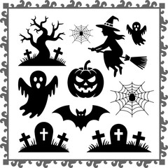 Obraz premium Halloween Silhouette Icon Set with Witch, Ghost, Pumpkin, Bat, Spider Web, and Graveyard Elements