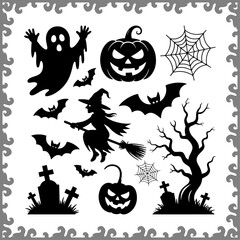 Halloween Silhouette Icon Set with Witch, Ghost, Pumpkin, Bat, Spider Web, and Graveyard Elements
