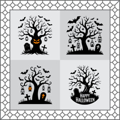 Halloween Illustrations featuring Spooky Trees with Bats, Lanterns, and Gravestones set against a Two Tone Background