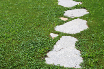 Path with olygonal natural stepping stones in green summer lawn, gardening design idea (Baden, Germany)
