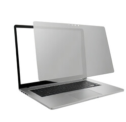 Laptop privacy screen applied, studio shot, white background, online security