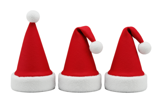 Three vibrant red Santa hats with plush white trim and pompoms, next to a sparkling silver snowflake on a transparent studio background from a 45-degree angle, high-end Christmas product concept