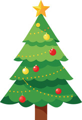 Vector art of a festive green christmas tree adorned with red and yellow baubles and a golden star on top, , perfect for holiday greetings and decorations