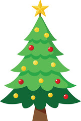 Vector art of a vibrant green christmas tree featuring a golden star topper and an array of red and yellow ornaments, presented on a clean, suitable for festive marketing and web design