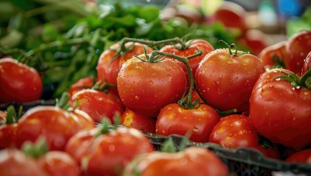 A close-up shot of numerous ripe red tomatoes on the vine, glistening with water droplets, displayed at a market stall alongside fresh green leafy vegetables - Powered by Adobe