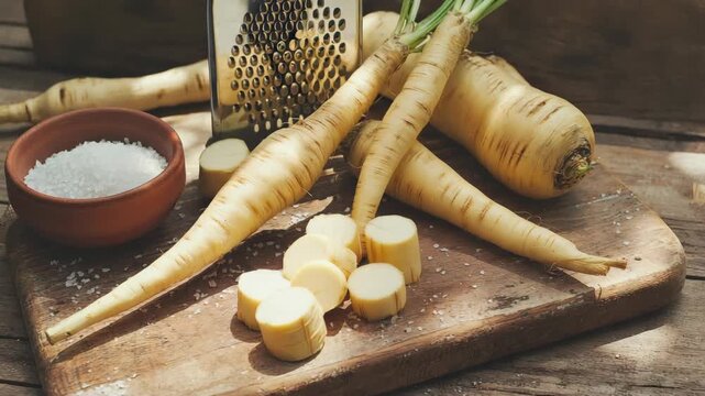 Delicious, roasted garlic cloves arranged on a wooden serving tray. Garlic is known for its health benefits and is often used as a seasoning in cooking.
