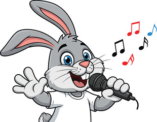 Cute cartoon rabbit singing into microphone, musical bunny character, happy animal performer, animated singer, fun kids illustration, vector art, Easter mascot, cheerful music
